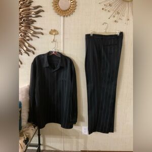 Black Pinstripe Men's 2pc Walking Suit Long Sleeve Casual Shirt & Pants Set